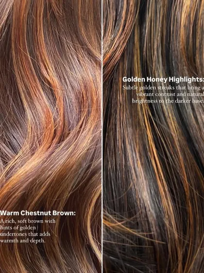 A look at two of our popular colour options: the warmth of a Chestnut Brown and the brightness of Golden Honey Highlights. We can help you choose the perfect shade.
