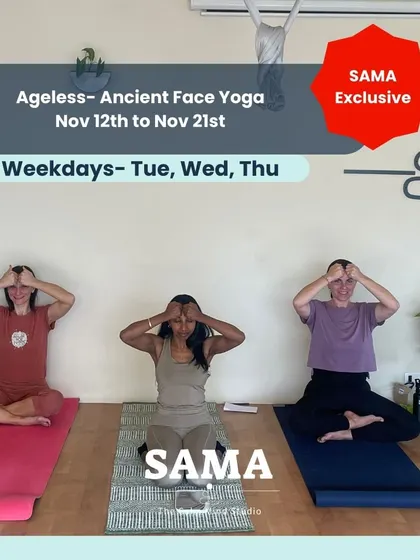 This is our Ageless Face Yoga workshop, a SAMA exclusive. Here, participants are learning ancient techniques to naturally tone and relax facial muscles, demonstrating a gentle, holistic approach to well being.