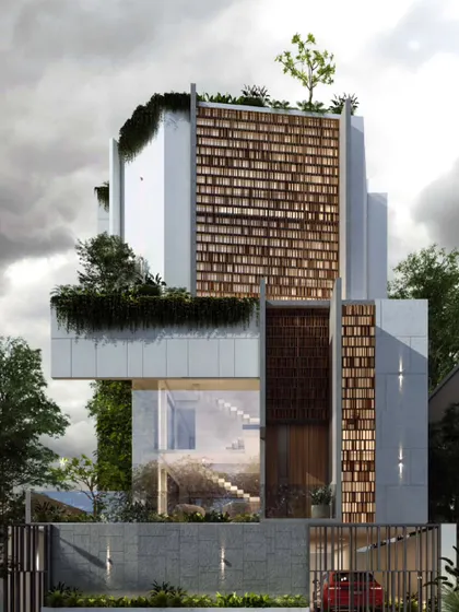 This minimalist residence uses a warm metal slat screen as a key facade element, balancing the solidity of the concrete structure. The elevated volume creates a sheltered space below while rooftop greenery softens the clean architectural lines.