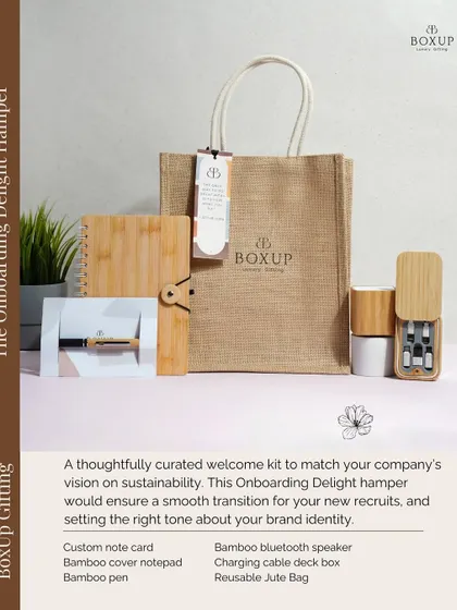 The Onboarding Delight Hamper is perfect for companies with a vision for sustainability. This welcome kit features a bamboo notebook, a bamboo speaker, and a reusable jute bag to set the right tone about your brand identity.