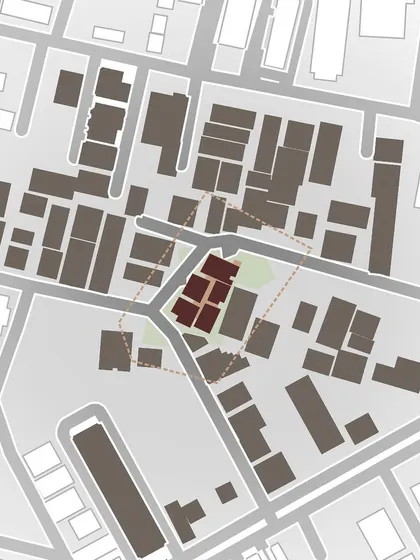 A site plan of the ARCUS project, illustrating how the building footprint was carefully positioned within the dense urban block. The red highlight shows the building's placement to maximize views and preserve surrounding trees.