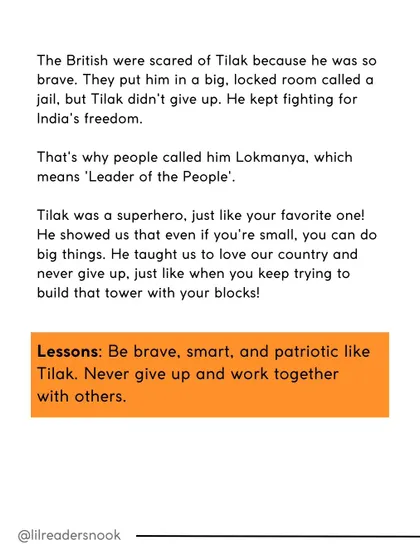 This part of the story shows the lessons we can learn from Lokmanya Tilak: be brave, never give up, and work together with others.