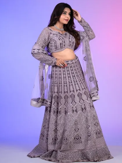 Another full-length view of the lilac lehenga. The color is so unique and the all-over embroidery makes it look incredibly luxurious.