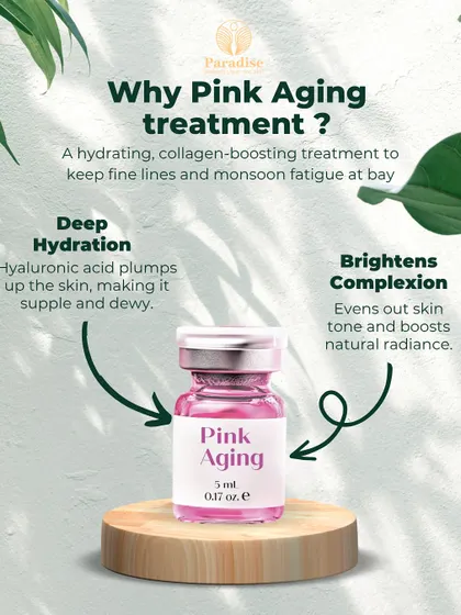 Why choose the Pink Aging treatment? It offers deep hydration with hyaluronic acid to plump the skin and also contains ingredients that brighten the complexion, even out skin tone, and boost natural radiance.