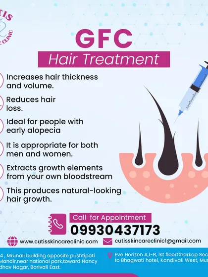 This infographic explains the science and benefits of GFC hair treatment. It visually breaks down how the procedure increases hair volume, reduces hair loss, and produces natural-looking growth by using growth elements from your own bloodstream.