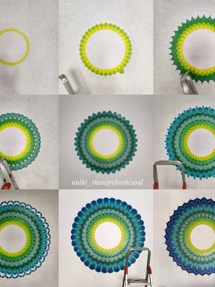 This collage shows the step-by-step progression of the mandala, from the first circle to the final detailed layer, revealing the patience and precision required.