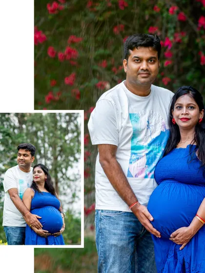 A collage from a couple's outdoor maternity shoot, showing different poses and moments from their session.
