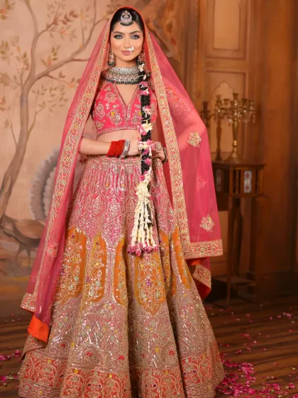 The full bridal look, complete with the dupatta. I ensured the makeup was bold enough to stand out while still feeling light and airy, perfect for a day wedding.