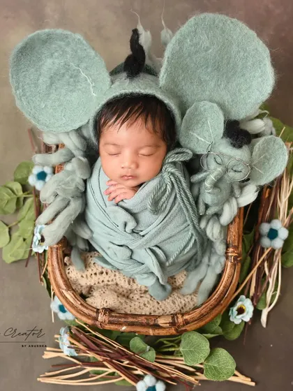 A different take on our sweet mouse theme. This image shows the newborn swaddled in a basket, with a matching felt mouse prop for an extra touch of cuteness.
