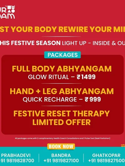 Ready to reset your body and mind? We've designed these festive therapy packages to help you relax and rejuvenate. Choose from a Full Body Abhyangam for a deep glow or a Hand and Leg Abhyangam for a quick recharge. Each package includes a complimentary Nadi Parikshan to ensure the therapy is tailored to you.
