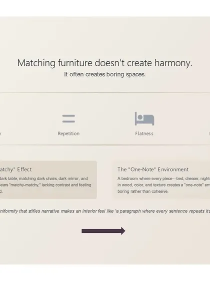 Matching furniture doesn't create harmony; it often creates boring, one-note spaces. A uniformity that stifles narrative makes an interior feel like a paragraph where every sentence repeats itself.