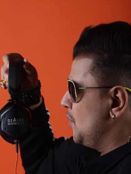 Another profile shot with my custom headphones. The DJ Alex Mumbai brand is always present, a mark of quality and professionalism.