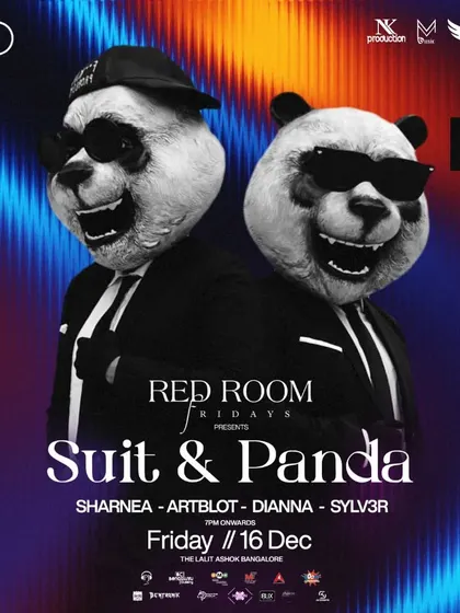 The main poster for a "Red Room Fridays" event at Kitty Ko, featuring headliners Suit & Panda.