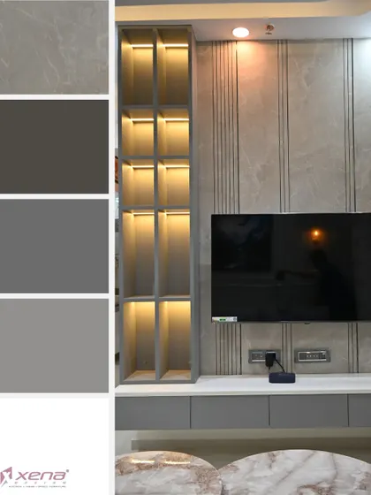 For a more contemporary and cool-toned look, this mood board presents a grey palette. It features a TV unit with fluted paneling and integrated shelving, all in shades of grey.