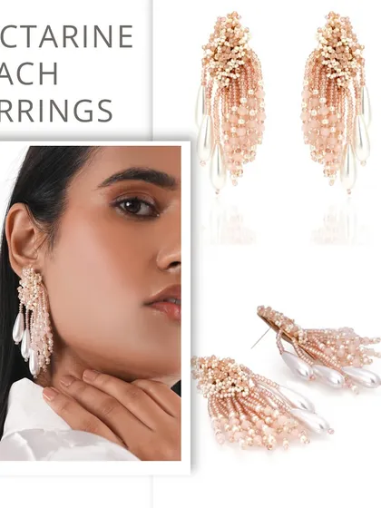 Our Nectarine Peach Earrings are crafted with delicate peach beads and pearl drops, creating a warm and elegant accessory.