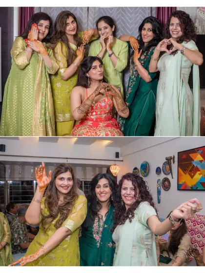 The bride tribe gathers for a fun photo during the mehendi ceremony, creating a memory of friendship and celebration.