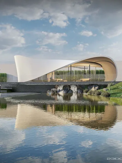 A futuristic outhouse concept, designed as a mono-surface geometry that resembles a flowing ribbon. Perched over a tranquil water body, this structure is envisioned as a versatile space for both quiet solace and epic celebrations.