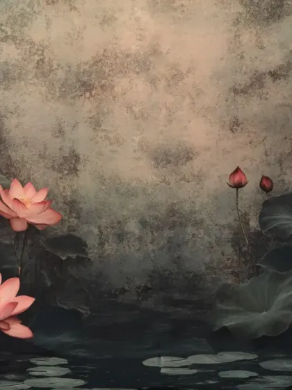 A beautiful and artistic backdrop featuring pink lotus flowers on a dark, textured background, perfect for a divine or nature-themed shoot.