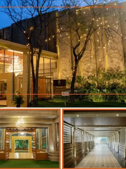 A collage showcasing the stunning exterior and grand entrance of our Maanikya venue. The blend of modern architecture and traditional design elements creates a memorable first impression for any event.
