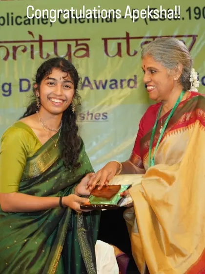 A proud moment for my student Apeksha Kamath, receiving a Best Performer award from the legendary Dr. Padma Subramanyam.