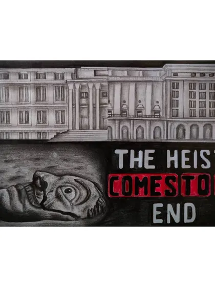This artwork is a homage to the Money Heist series, combining a graphite drawing of the Royal Mint of Spain with a charcoal depiction of the Dali mask. It's an example of creating a thematic piece based on a favorite show.