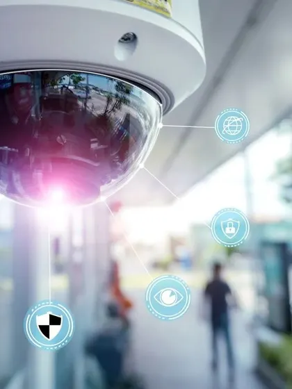This dome camera is enhanced with smart technology, capable of identifying and tracking movement while providing clear footage. The integrated icons represent its key functions: network connectivity, security protocols, visual monitoring, and threat detection for proactive surveillance.