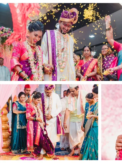 A collage from a vibrant Maharashtrian wedding, showing the couple's procession and rituals, surrounded by the bright colors of their celebration.