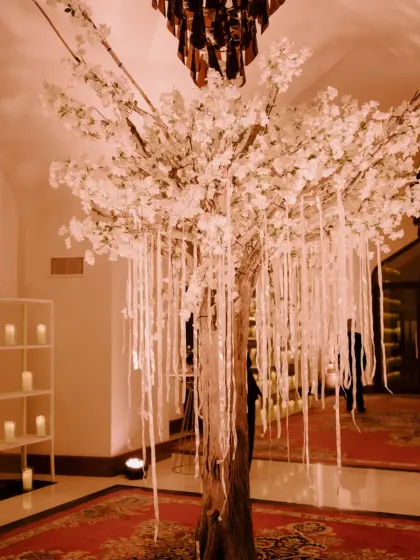 A 'wishes tree' at a reception in Oman. Guests write their blessings for the couple on ribbons and tie them to the tree, creating a beautiful and meaningful decor piece.