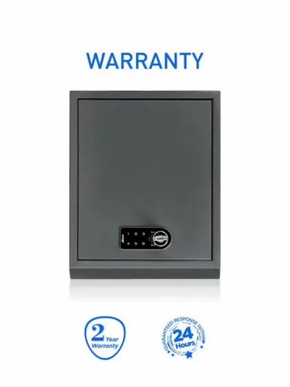 This image highlights the 2-year warranty and guaranteed 24-hour response time for service on the Ezee+ Personal Safe.