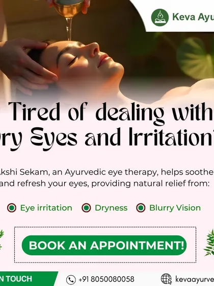 Akshi Sekam is a gentle yet powerful Ayurvedic therapy for dry, irritated eyes. This visual shows the process, which soothes irritation, reduces dryness, and can provide relief from blurry vision by refreshing and nourishing the eyes.