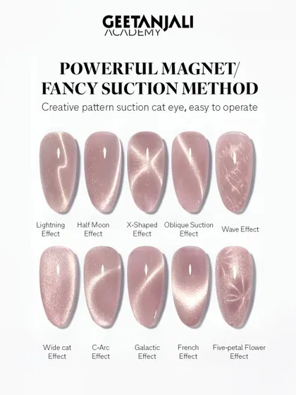 We teach you how to master a wide variety of popular and advanced nail effects. This chart shows the different results you can achieve with the magnetic cat-eye technique, from a classic C-arc to a creative five-petal flower design.