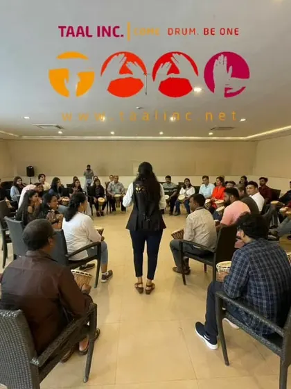 Our facilitator Neha guides a group through the basics of the djembe. We ensure that even absolute beginners feel comfortable and confident within minutes, making the experience inclusive for everyone on the team.