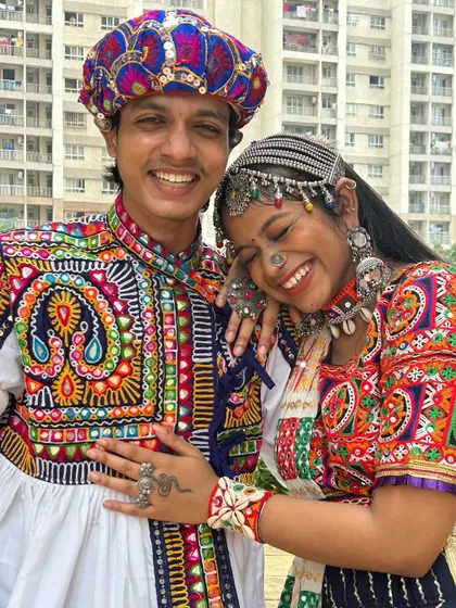 Grab your partner and get ready to dance! I love helping couples find coordinated outfits. This is a great example, showing how traditional embroidery and vibrant colors can create a stunning matching look for Navratri.