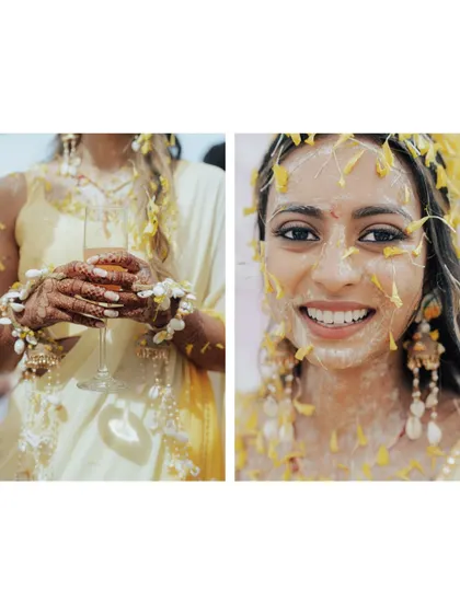 A close-up of the bride's hands, adorned with intricate henna and floral jewelry, holding a glass of champagne. A perfect blend of tradition and modern celebration.