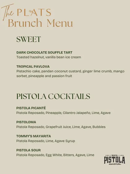 The sweet section of our May brunch menu, featuring the Dark Chocolate Soufflé Tart and Tropical Pavlova, alongside a special selection of Pistola Cocktails.