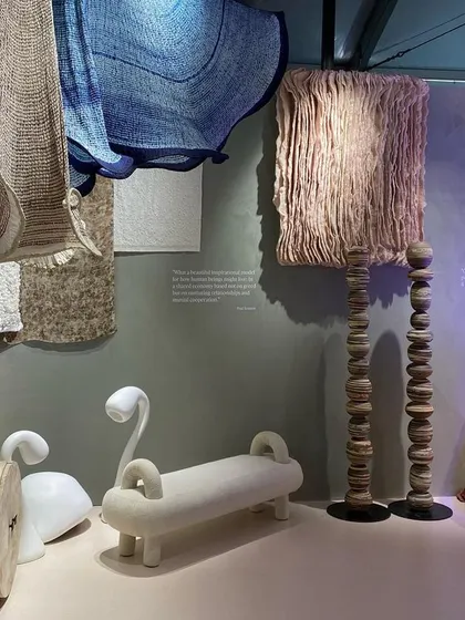 A repeat of image 221, showing a collection of objects and textiles from the 'Shroom' installation.