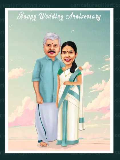 A wedding anniversary caricature for a couple in traditional Kerala attire. The soft background and classic style make it a timeless gift.
