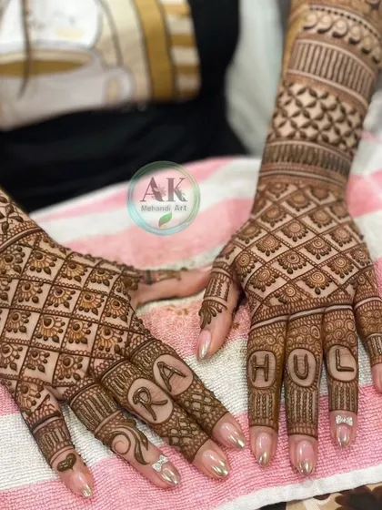 A beautiful back-of-hand design personalized with the name 'RAHUL' spelled out across the fingers.