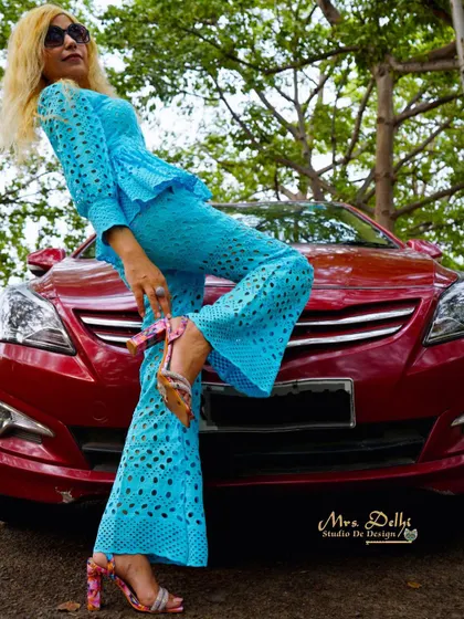 Kicking up my heels in this fun and stylish blue co-ord set. It's the perfect outfit for a photoshoot or just feeling fabulous.