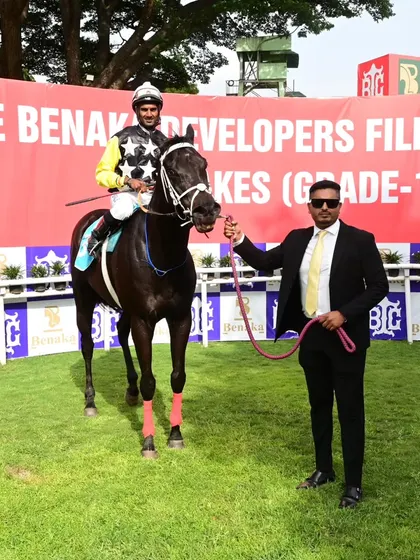 Mayne Magic, with jockey Antony Raj.S, after another successful race.