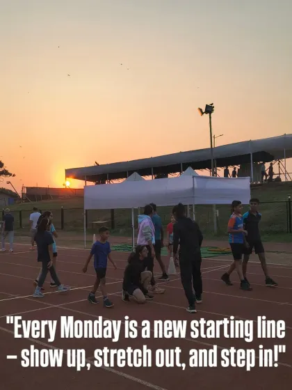 Every Monday is a new starting line. My athletes begin the week with purpose, stretching out against the backdrop of a beautiful sunrise, ready to put in the work.