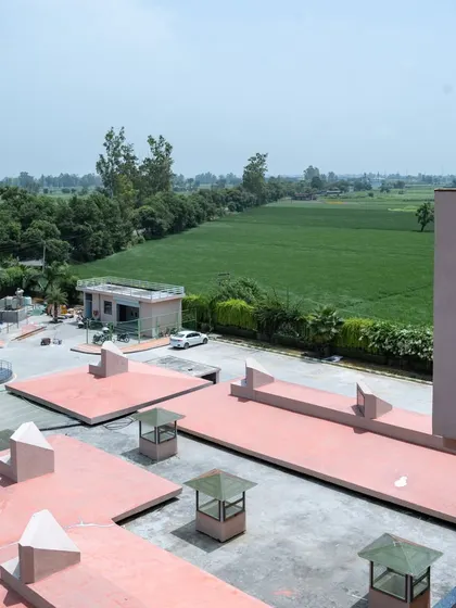 This aerial perspective shows the unique geometric roof design of a section of the school, demonstrating our attention to architectural detail from every angle.