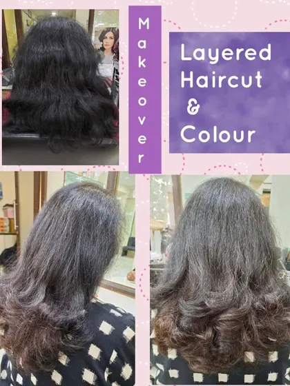 A layered haircut is enhanced with a subtle color application. This combination adds depth and sophistication for a complete hair makeover.