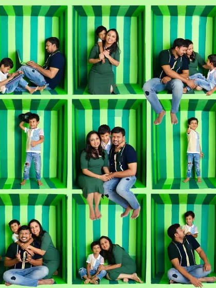 A fun and modern take on the family portrait! Our family box photoshoot captures individual personalities and the playful connection between family members in a unique grid format.