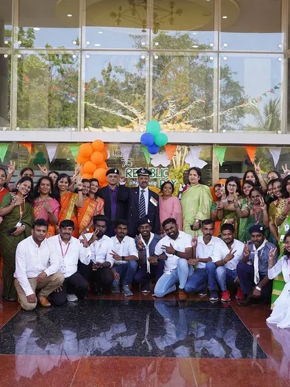 A joyous group photo of our staff and student leaders, capturing the festive and patriotic spirit of Republic Day.