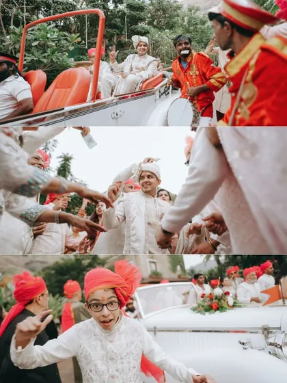 A collage capturing the high energy and joy of the Baraat, with guests of all ages dancing in celebration.