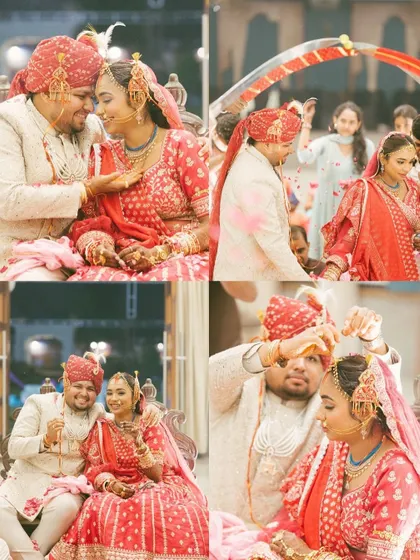 A collage of happy and playful moments from a traditional wedding ceremony. These images capture the joy, rituals, and love shared between the couple.