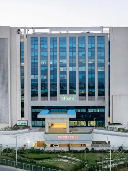 The exterior of Fortis Hospital showcases how a building's facade can be redesigned for healthcare. The northern facade features a higher window-to-wall ratio, reducing the need for artificial lighting and lowering the hospital's carbon footprint.