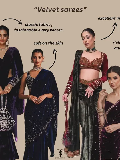 Velvet sarees are a classic choice for winter. They offer excellent insulation, a rich texture, and are soft on the skin, making them both fashionable and comfortable.