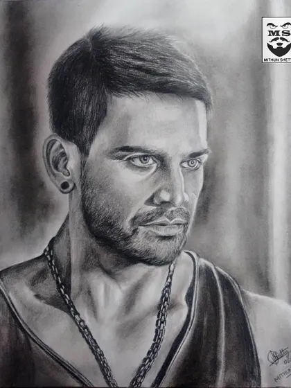 A graphite sketch of Kannada actor Dhananjay as 'Tagaru Dolly'. The goal was to capture his signature intense look, using dark shading to create a dramatic, high-contrast portrait.